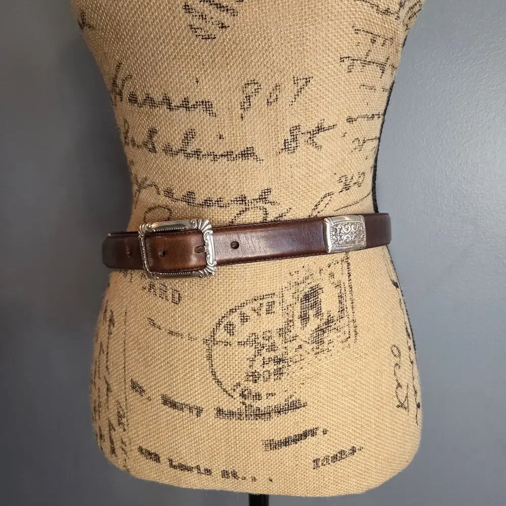 Fossil leather brown belt silver toned square buckle embellishments western M